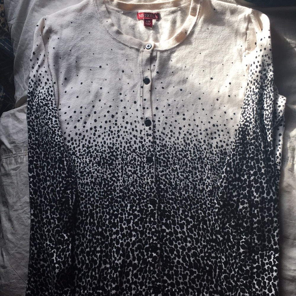 Light cream and black spot button up sweater shirt
